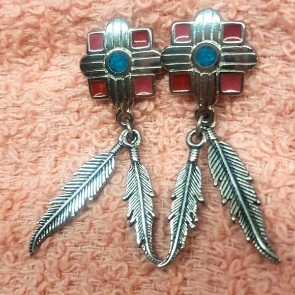 Silver-tone and Turquoise Center Stone w/ Red Hearts and Feather Dangle Earrings - Picture 1 of 5